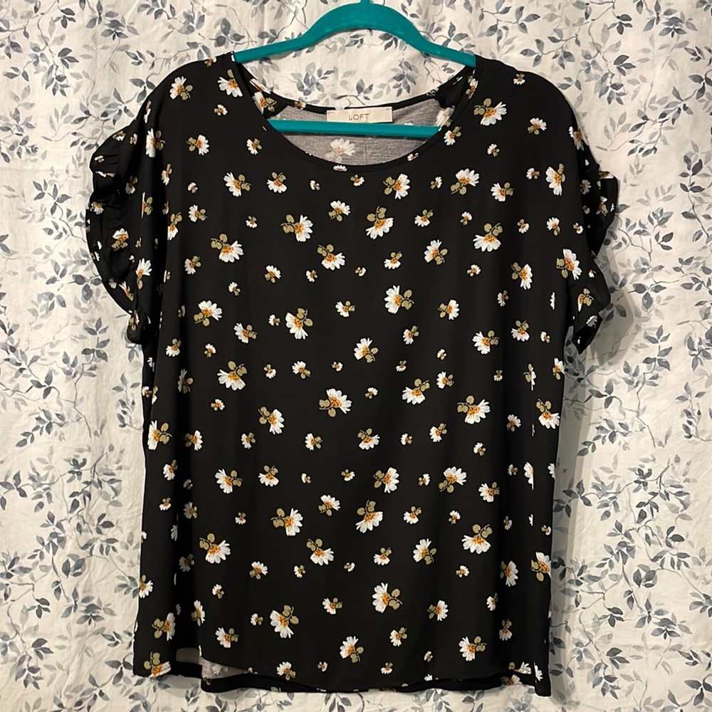 LOFT Floral Ruffle Short Sleeve Mixed Media Blouse Size M NWT